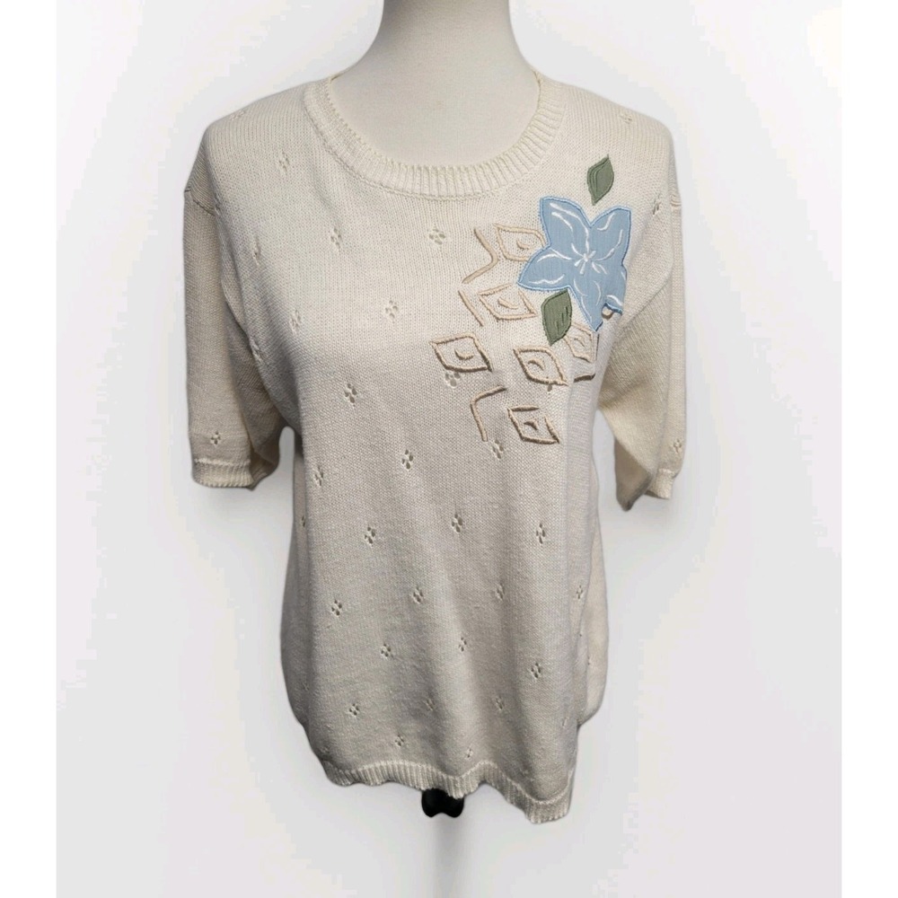 Vintage The Villager Biege Eyelet Embroidered Lg Womens Sweater Grannycore